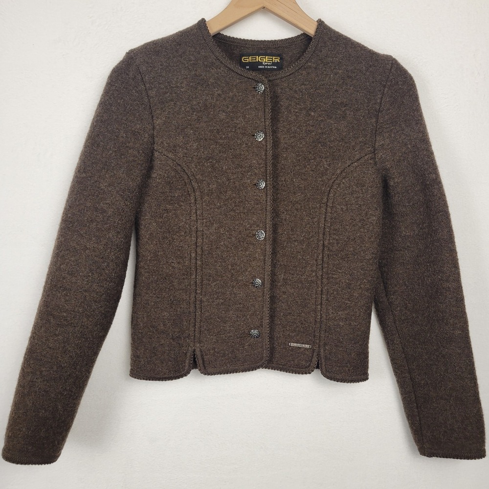 Vtg Geiger Tirol Austria Brown Boiled Wool Cardigan Jacket 38 / S Metal Buttons
